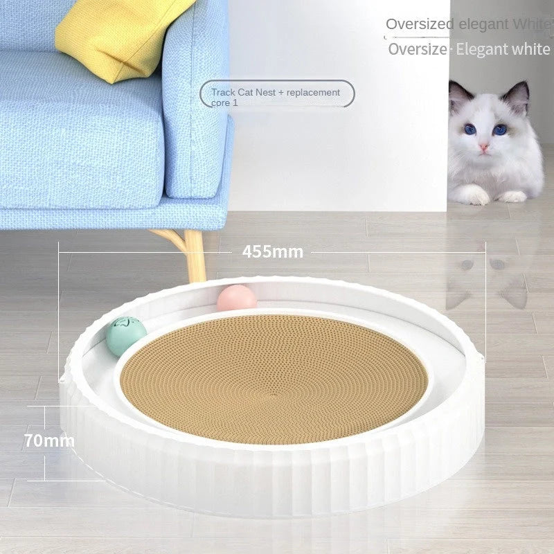 Round cat scratching board with toy ball, protects furniture from scratches