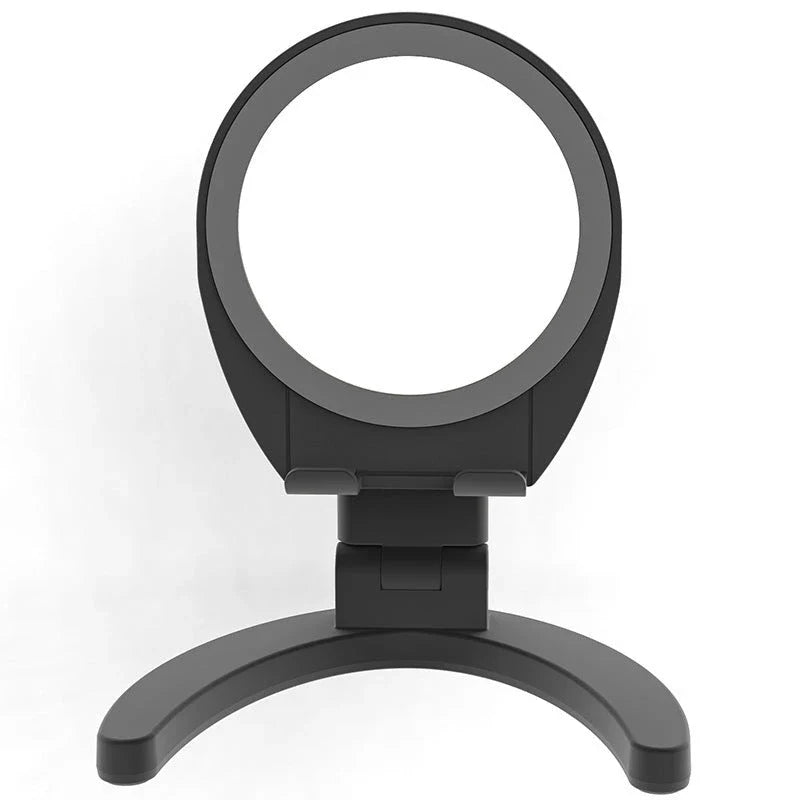 Adjustable makeup mirror phone holder with various angle and color options for hands-free mobile use, grooming, and entertainment.