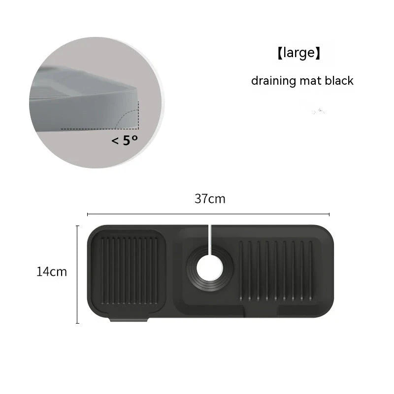 Premium silicone faucet splash guard with sloped design and dual drainage channels to prevent sink splashes and keep countertops dry.