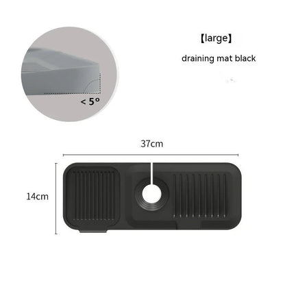Premium silicone faucet splash guard with sloped design and dual drainage channels to prevent sink splashes and keep countertops dry.