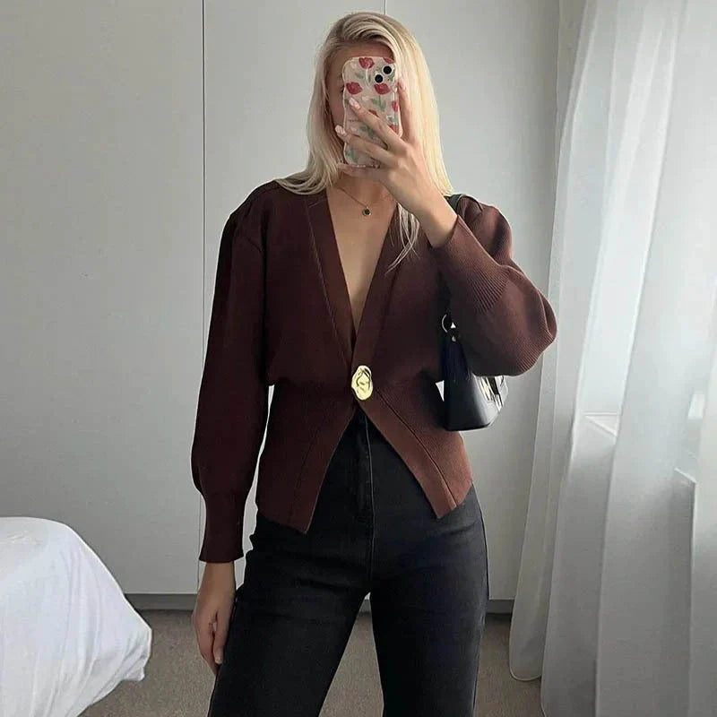 Women's V-neck Button Cardigan Knitted Sweater in brown and black