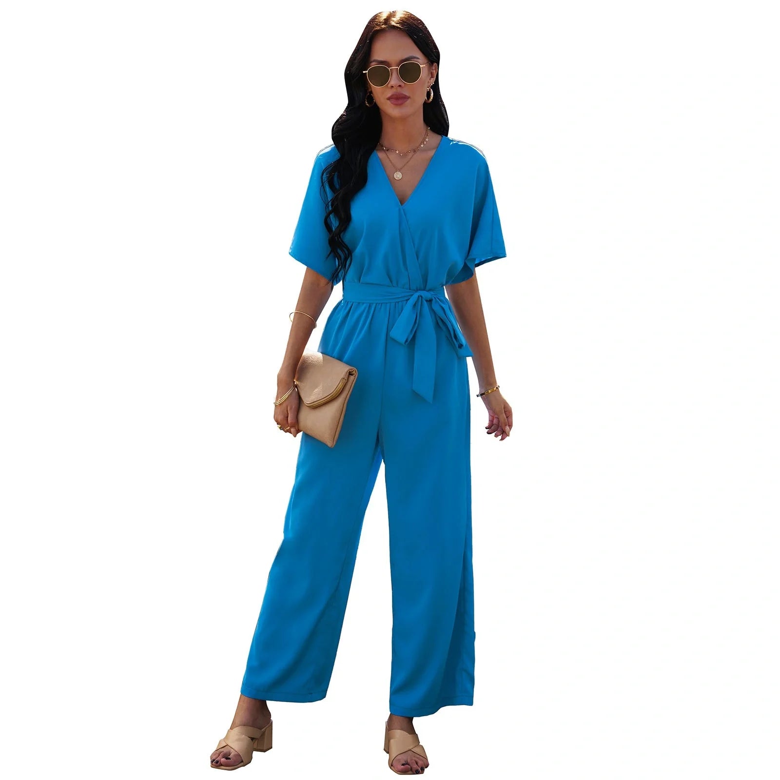 Women's V-neck tie waist jumpsuit in solid colours for summer wear
