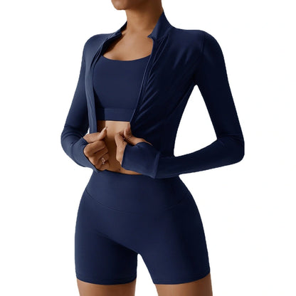 Premium activewear set in various colours, including black, blue, green, and magenta. The set features a sleek and streamlined design for optimal performance and comfort during outdoor sports and yoga.