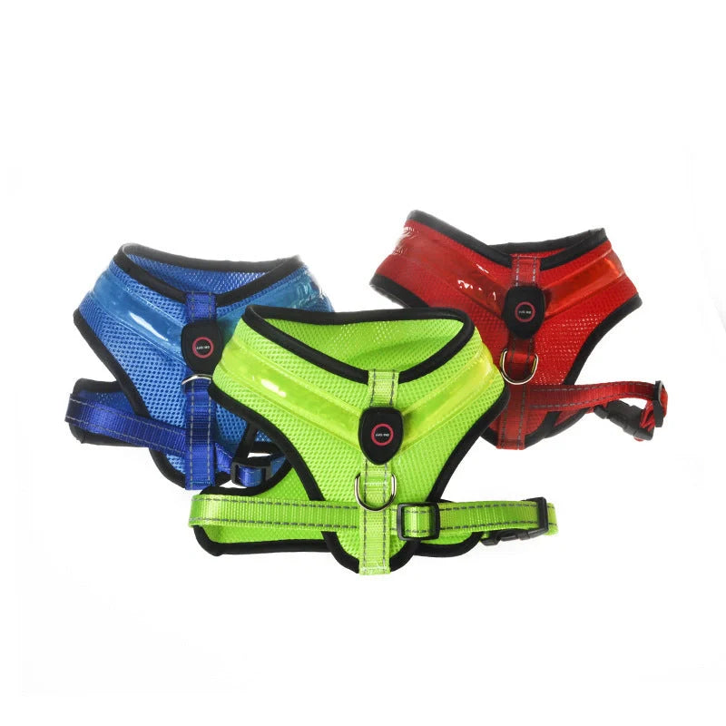 USB charging LED dog harness in blue, red, or green with reflective safety features