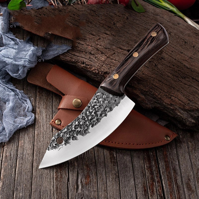Premium forged picnic knife with leather sheath and solid wood handle