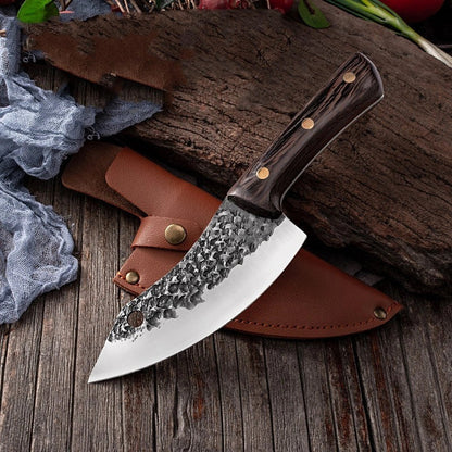 Premium forged picnic knife with leather sheath and solid wood handle