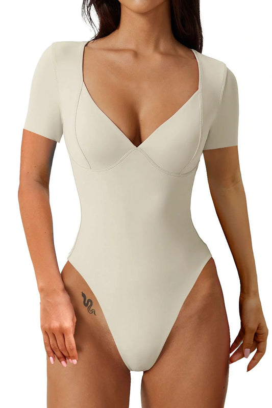 Women's V-Neck Bodysuit with seamed cup in black, beige, and rosered