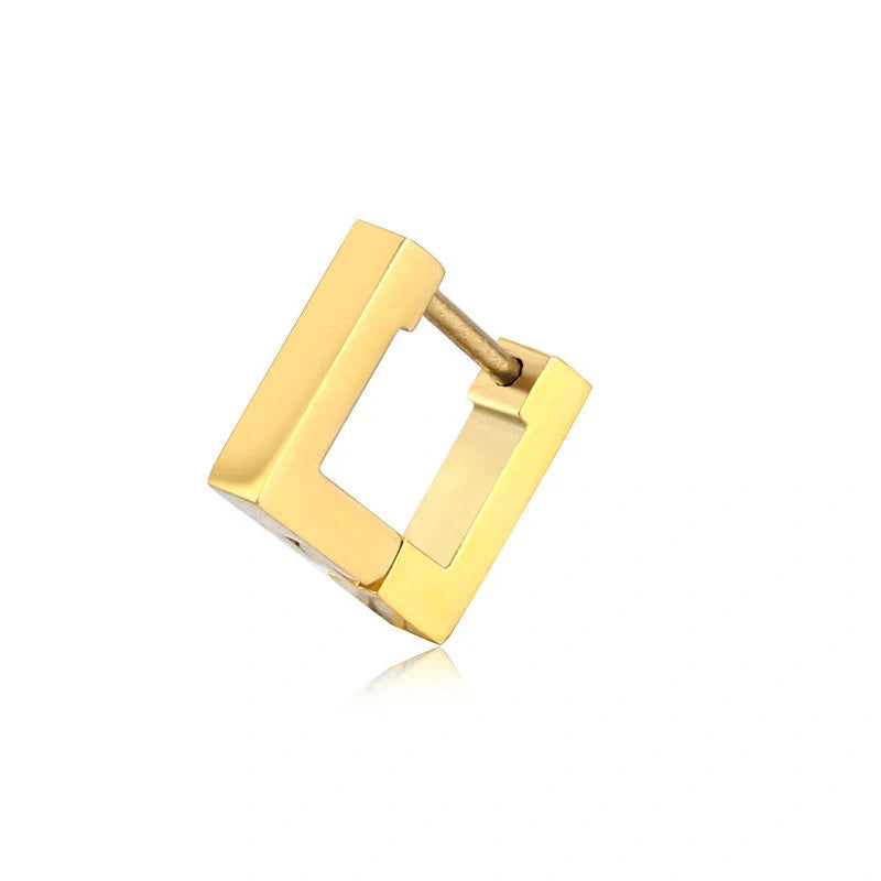 Stainless steel triangular hoop earrings in white, black, and gold options