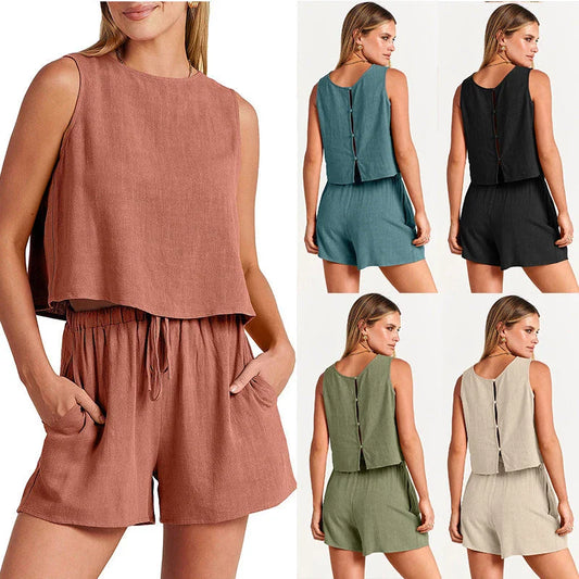 Women's sleeveless top and drawstring shorts set in various colors, made from a lightweight and breathable rayon and linen blend fabric