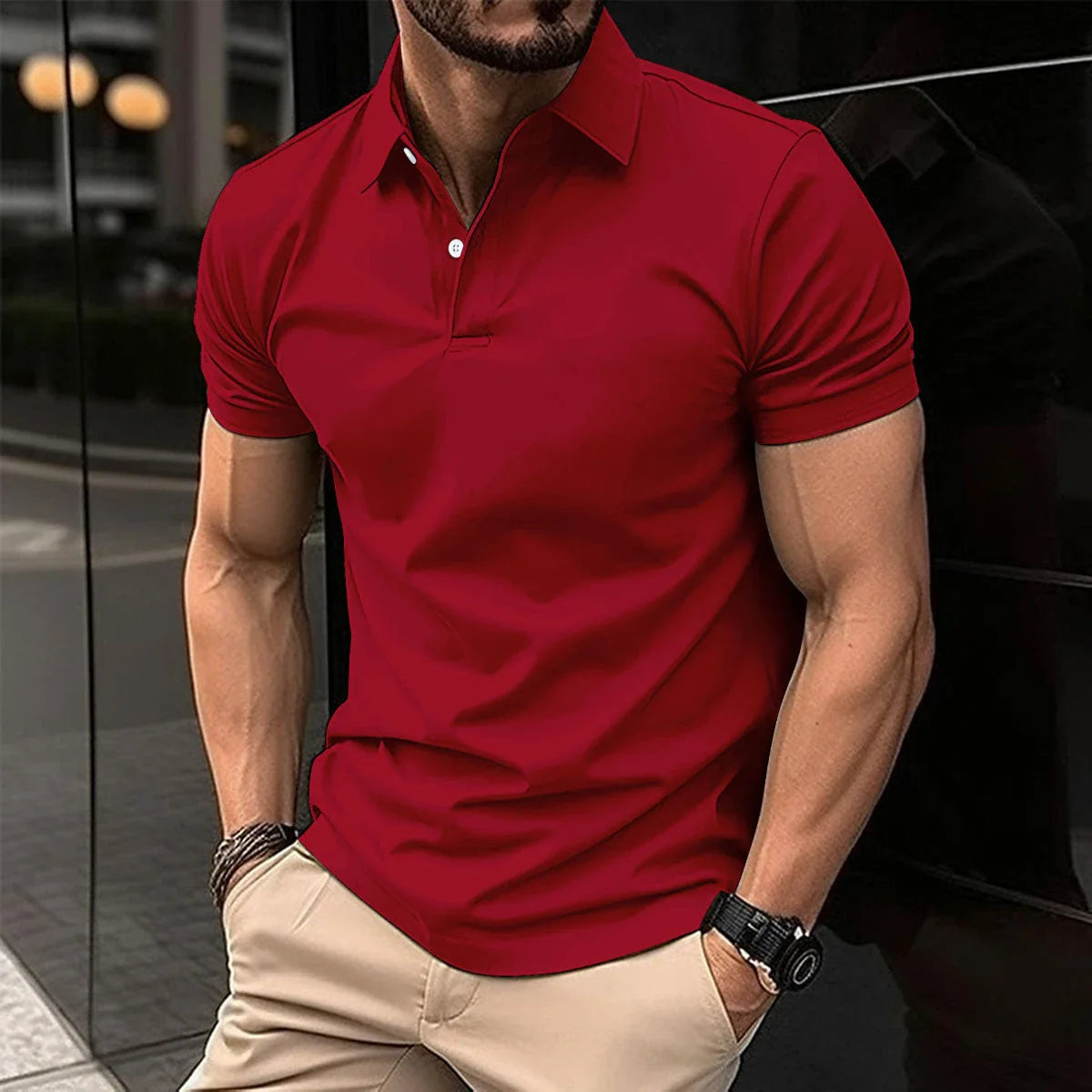 Premium Short Sleeve Polo Shirt for Men in Solid Color with Button Lapel Design