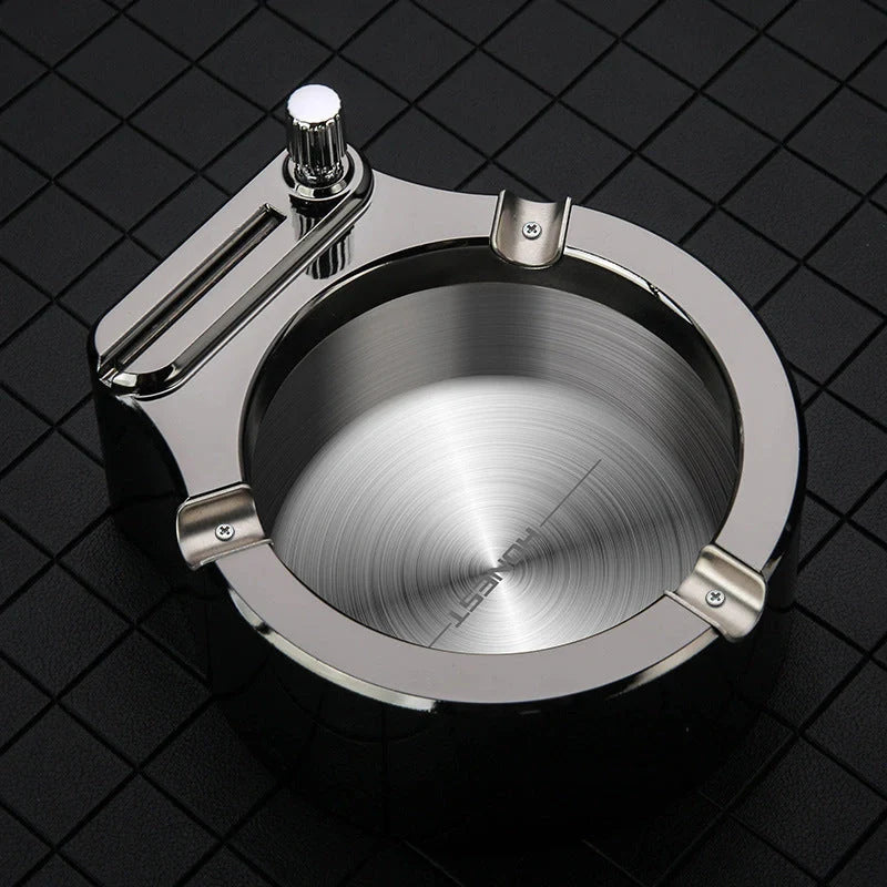 Large metal ashtray with permanent match lighter and cigarette slots