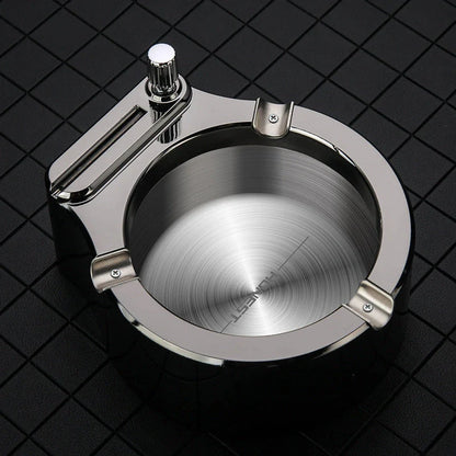 Large metal ashtray with permanent match lighter and cigarette slots