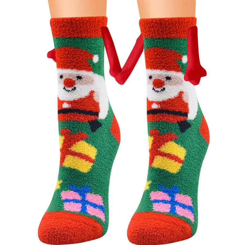 Christmas couple socks with magnetic suction feature for hand holding, festive 3D animal patterns