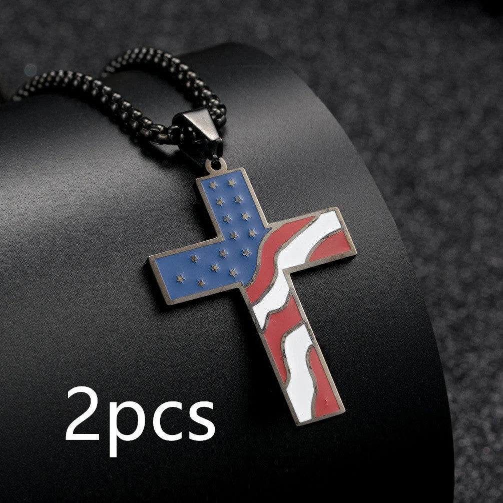Stainless steel flag cross necklace for men, geometric design, polished finish.