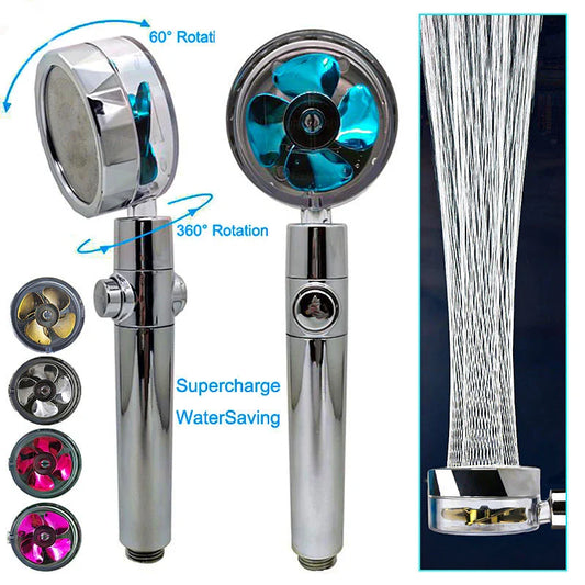 360-degree rotating high-pressure shower head with built-in fan and adjustable water spray
