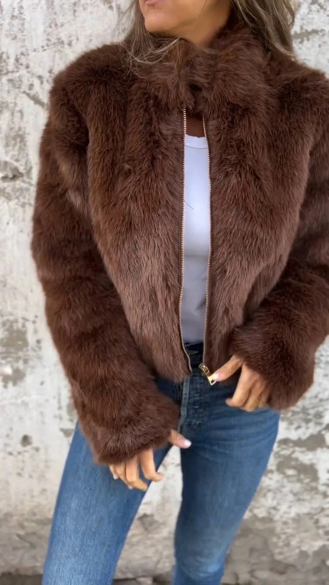 Women's winter stand collar zipper fleece jacket in faux fur, available in multiple colours