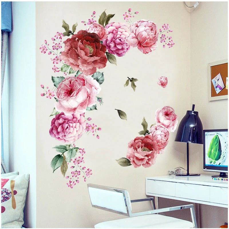 Red watercolour peonies flower wall stickers for home decoration