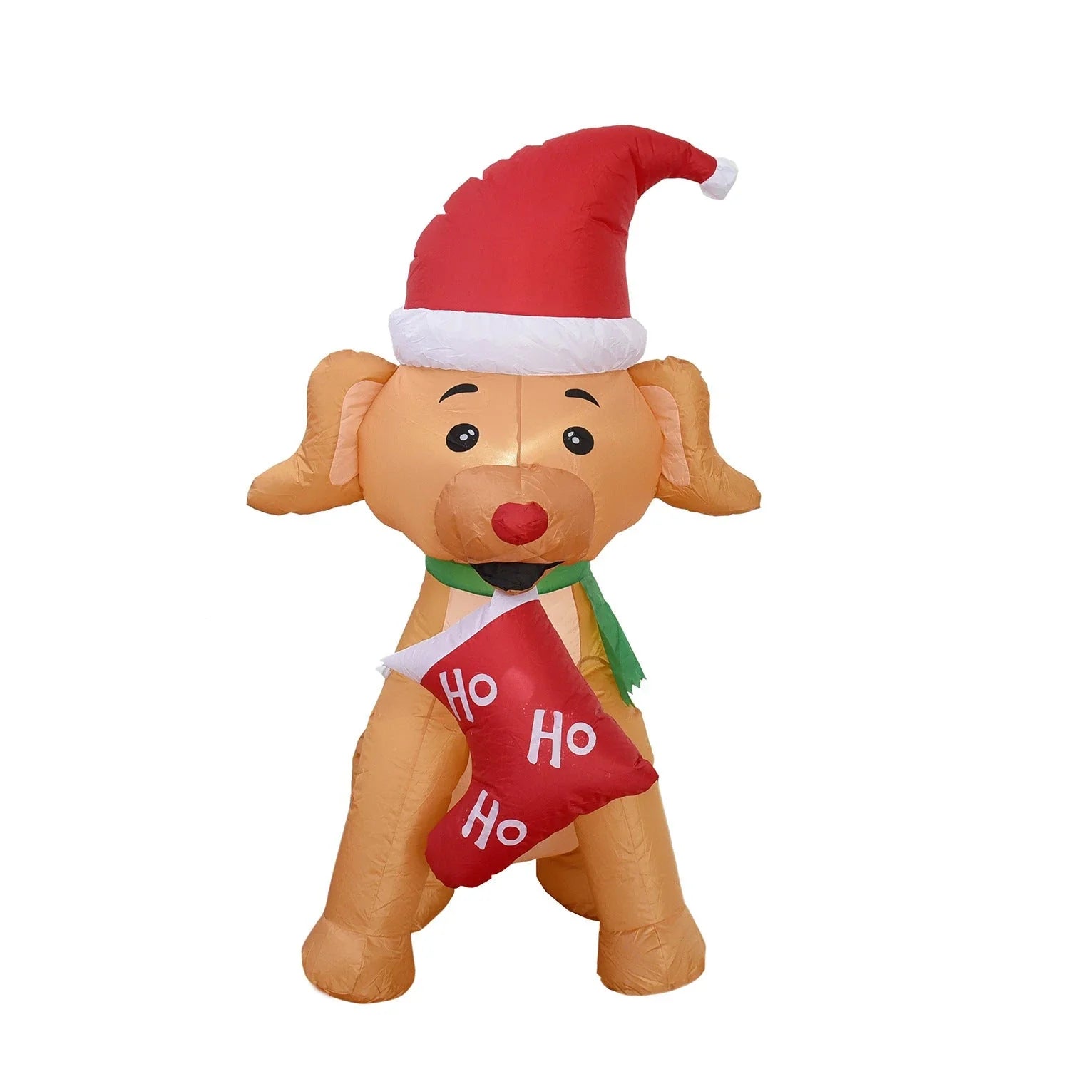 Inflatable Christmas bear decoration with LED lights, sand bag, and ground stakes for secure outdoor display