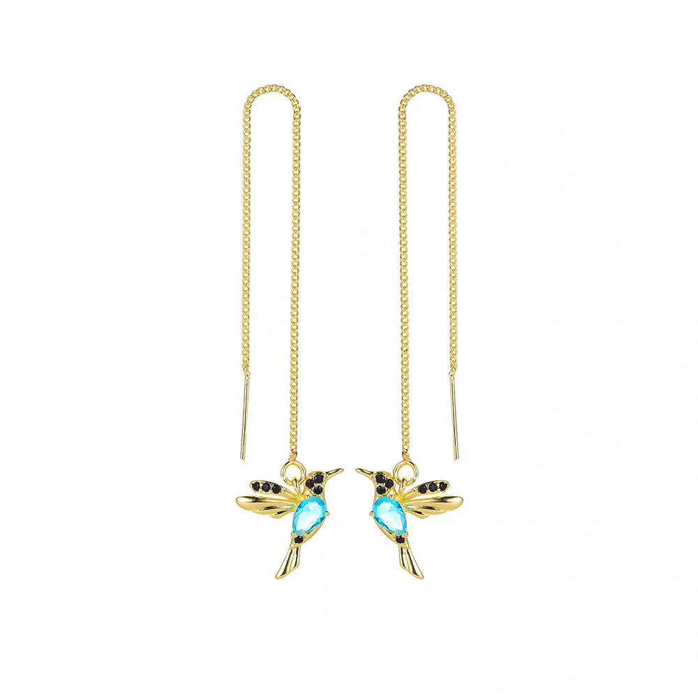 Elegant hummingbird drop earrings with crystal accents, a versatile fashion accessory for British women