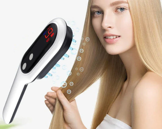 An electric hair growth comb with red and blue light therapy, magnetic massage, and customisable settings for promoting healthy hair growth.
