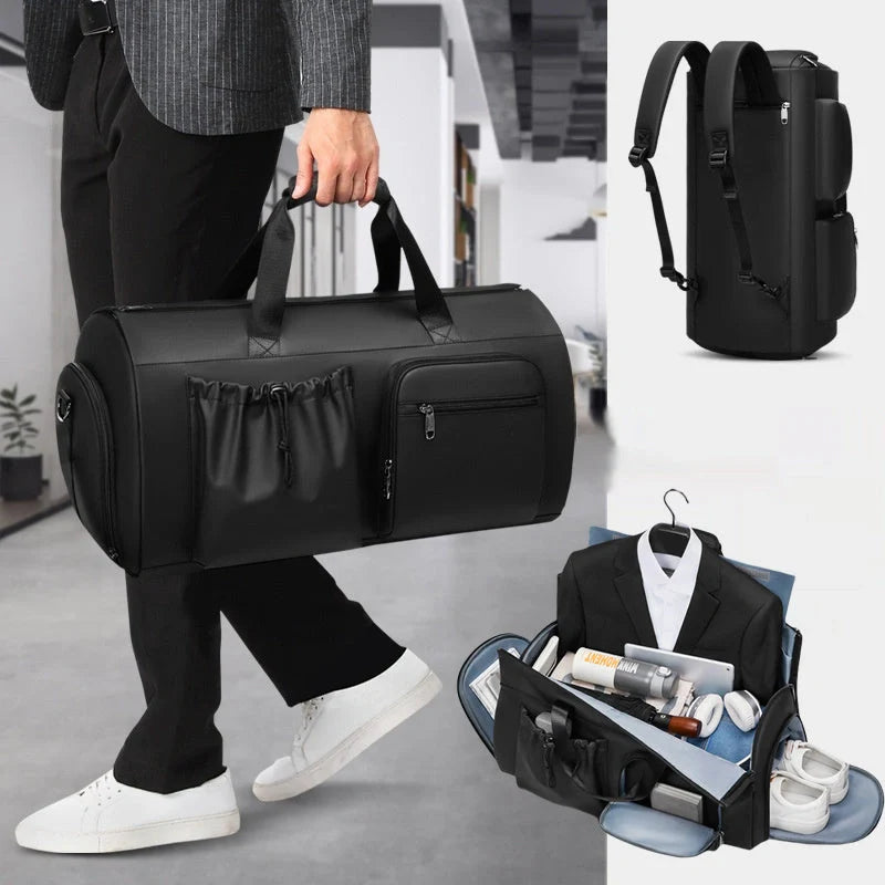 Black waterproof suit bag for men with shoe compartment and dry-wet separation