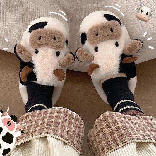 Women's Kawaii Cow Slippers with non-slip sole and plush lining in white and coffee colors