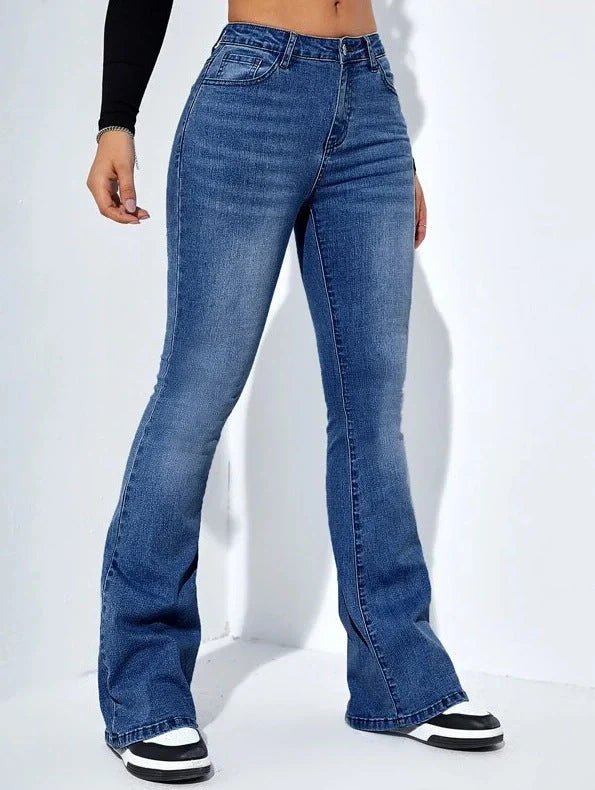 Women's high waist flared jeans in stretch cotton, available in navy and light blue