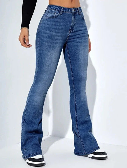 Women's high waist flared jeans in stretch cotton, available in navy and light blue