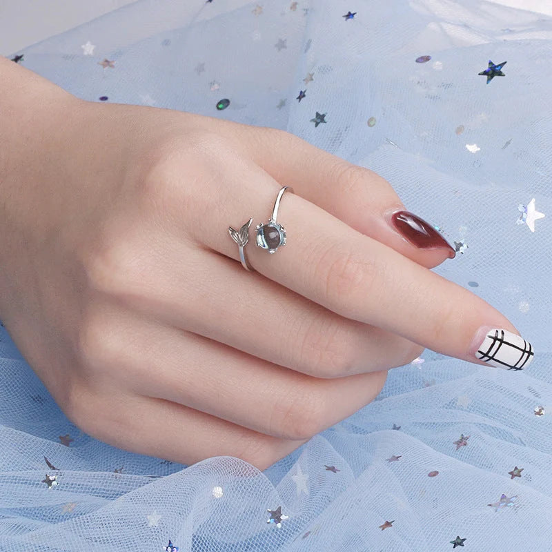Silver Plated Adjustable Mermaid Tail Ring with inlaid zircon stones