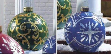 Inflatable Christmas baubles in various festive designs for outdoor holiday decoration