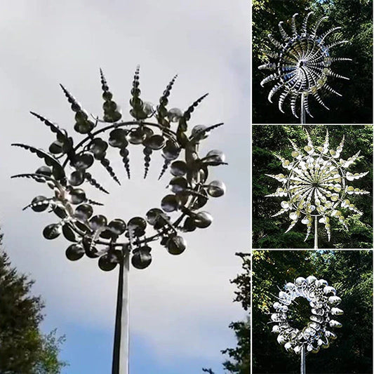 Elegant revolving metal windmill outdoor ornament with dual-layered blades creating a mesmerizing display in the garden