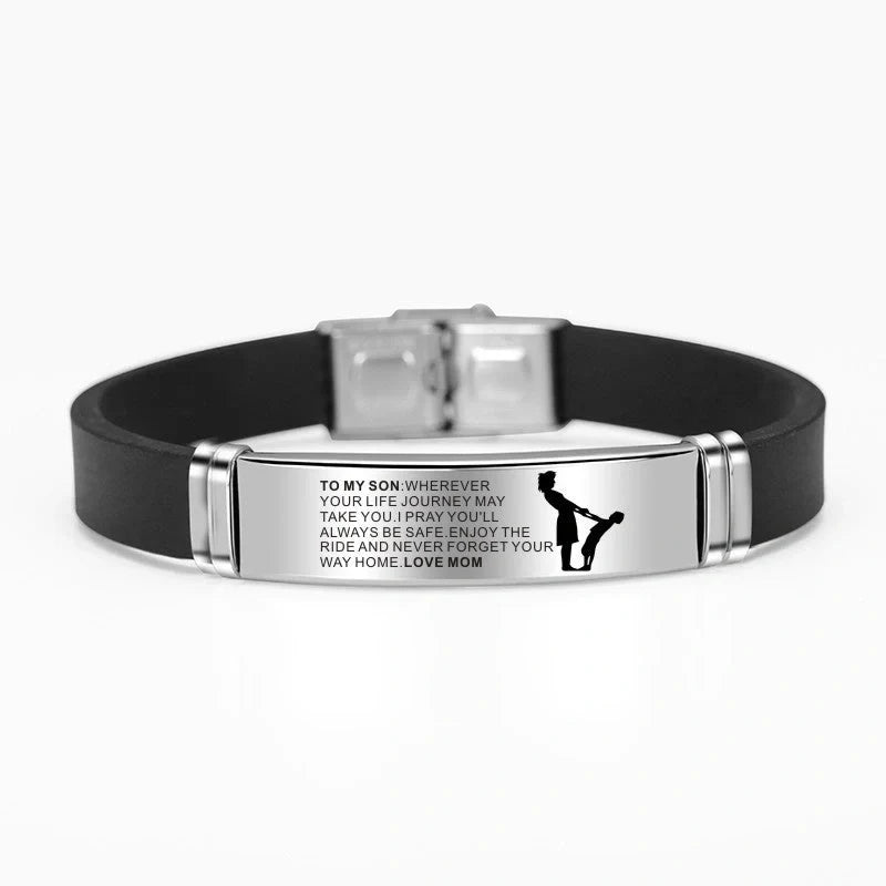 Engraved Mom Dad To Daughter Son Stainless Steel Silicone Bracelet - Silver