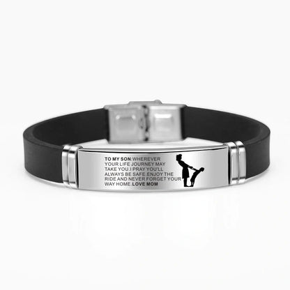 Engraved Mom Dad To Daughter Son Stainless Steel Silicone Bracelet - Silver