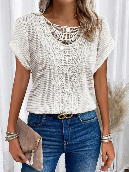 Trendy hollowed-out short-sleeve t-shirt for women in various colors and sizes