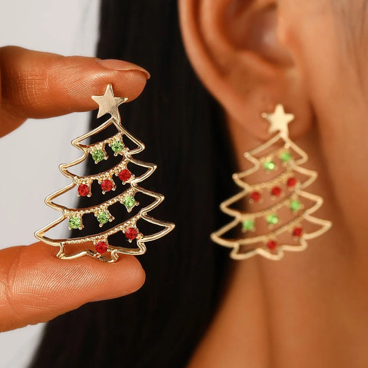 Christmas Tree Zircon Earrings in Gold Red White and Gold Red Green