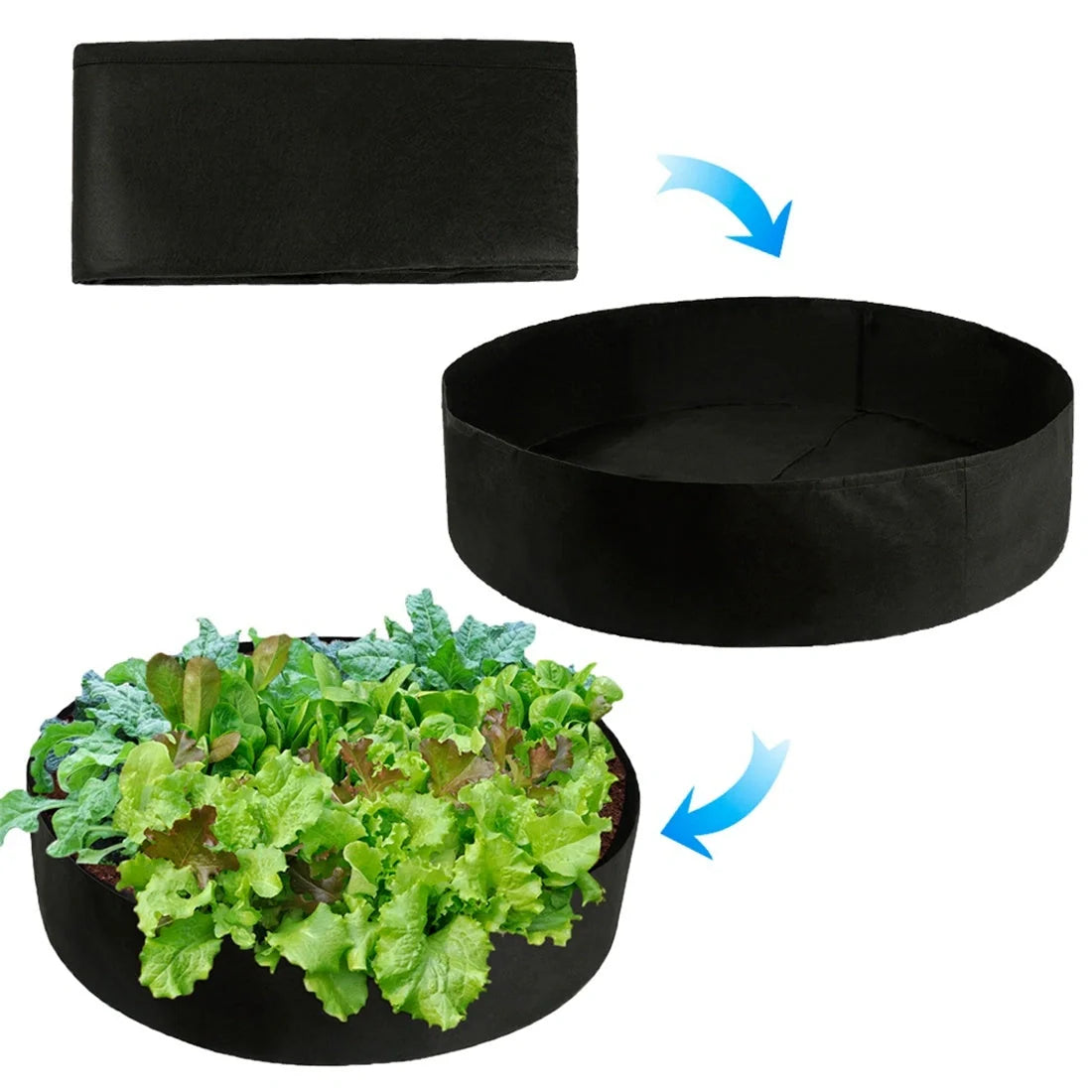 Round black and green fabric grow bags for garden plants with automatic drainage