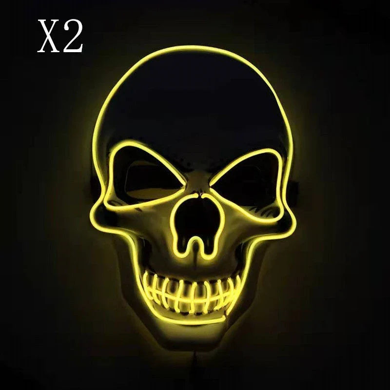 A glowing skull-shaped Halloween mask with adjustable straps and three lighting modes: constant, slow flash, and rapid pulse