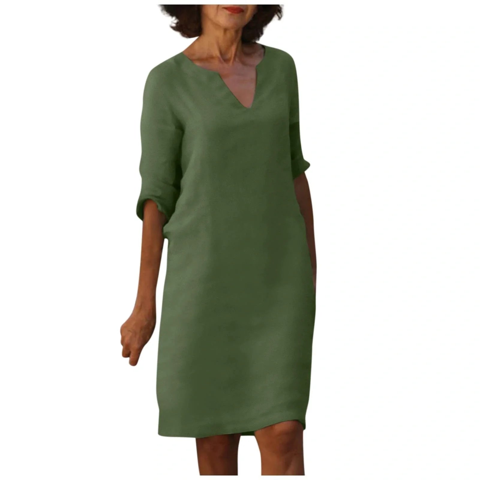 Retro high waist cotton-linen V-neck dress in various colours