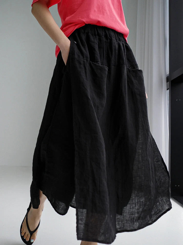 Elegant pure linen wide leg culottes with elastic waist and double pockets in summer colors