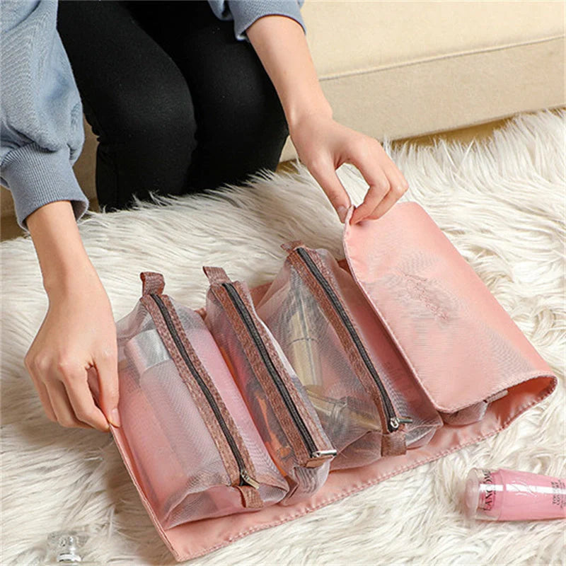 4-in-1 detachable cosmetic bag in green, pink, or black with waterproof material