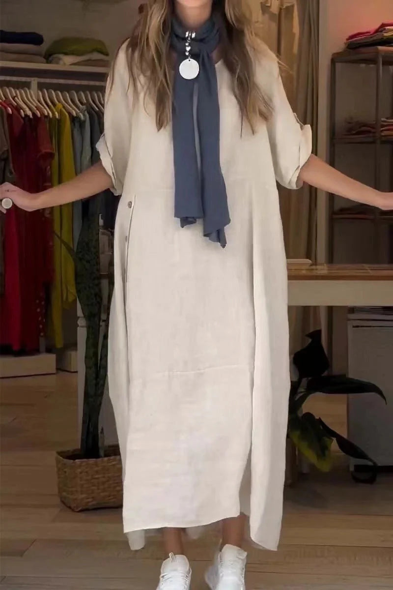 Loose casual short sleeve dress in cotton and linen with 3D effect, available in multiple colours