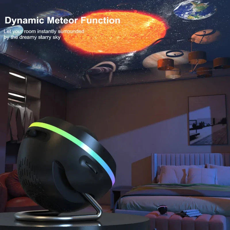 A dynamic galaxy projector that transforms any space into a captivating celestial display with 13 stunning film effects, motorized rotation, and adjustable color modes.