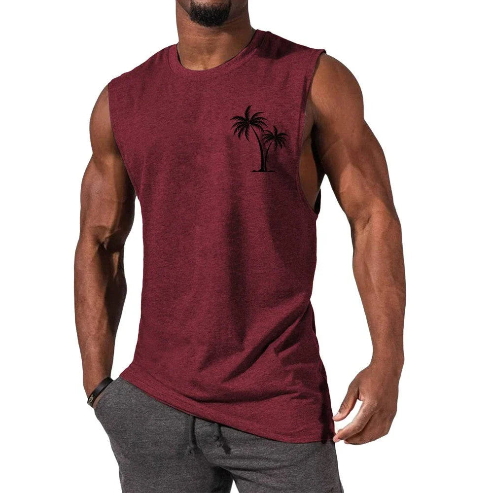 Tropical coconut tree print workout tank top for men, made with breathable, moisture-wicking fabrics for an active lifestyle.
