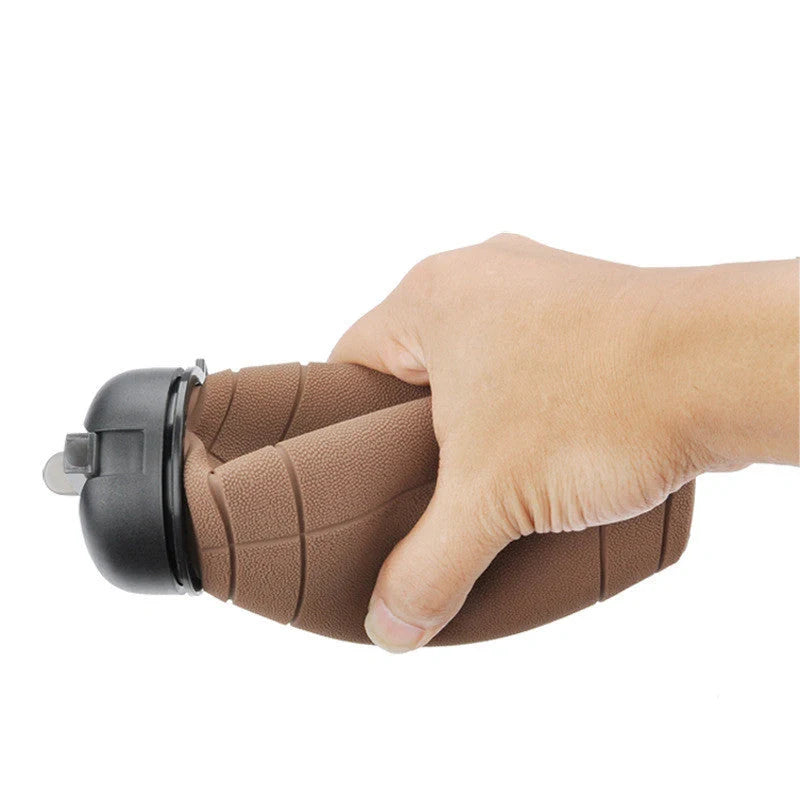 Brown rugby ball-shaped collapsible water bottle with leak-proof silicone seal