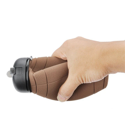 Brown rugby ball-shaped collapsible water bottle with leak-proof silicone seal