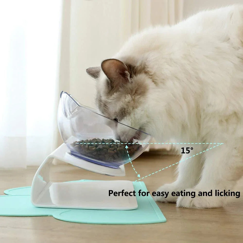 Elevated tilted pet bowl with non-slip stand in transparent, white, and black color options