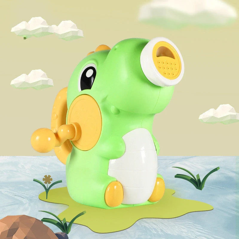 Dinosaur-shaped manual spraying bath toy for kids in orange, green, pink, and blue