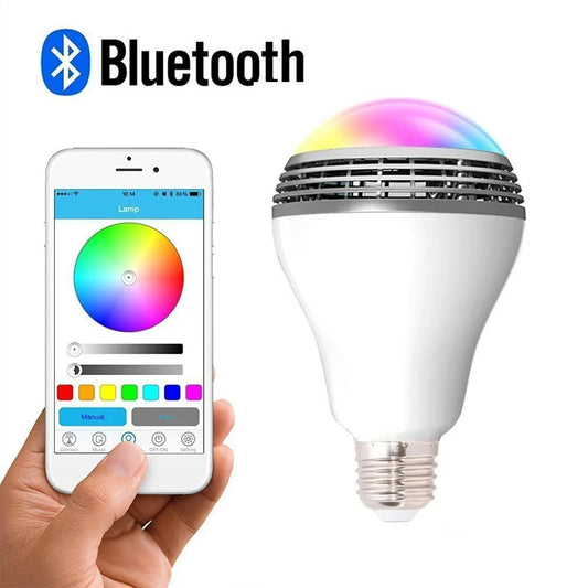 Stylish smart LED Bluetooth speaker bulb with RGB colour, designed for modern home lighting and audio needs