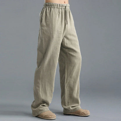 Men's breathable linen loose-fit sports pants in khaki, black, light blue, and off-white