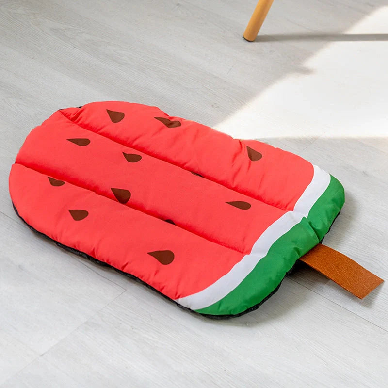 Ice Silk Pet Cooling Mat in various fruit designs for summer comfort